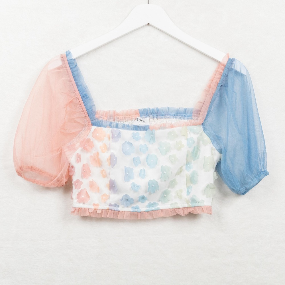 STORIA 3D Floral Mesh Cropped Top Puff Sleeve Fairy Angelcore Pastel Multi Sz S